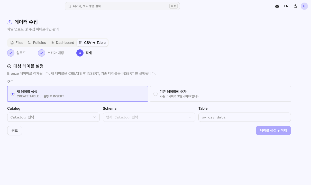 적재 단계 (모드 + Catalog/Schema 드롭다운)