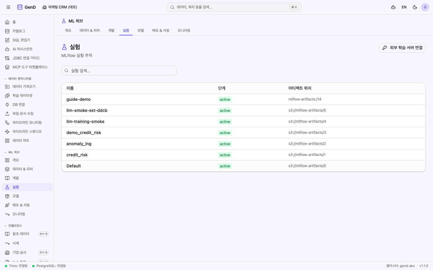 실험 목록에 guide-demo 가 나타난다