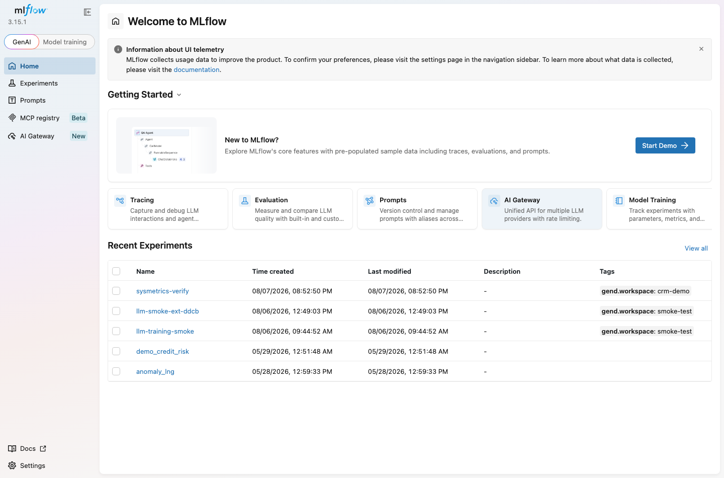 네이티브 MLflow UI — 실험 목록과 gend.workspace 태그
