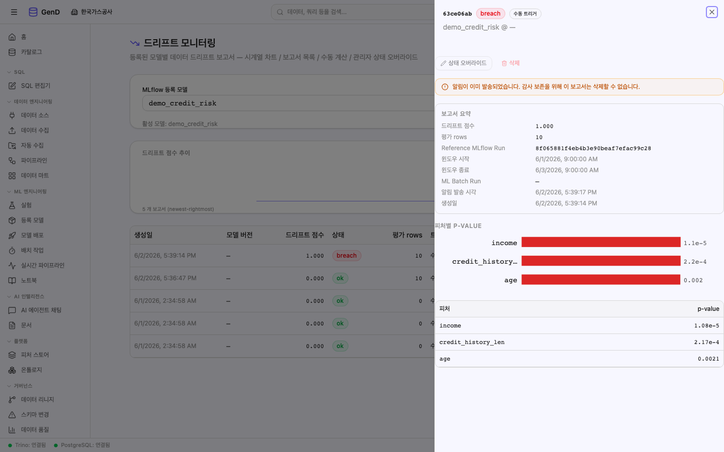 Drift Report DetailSheet — KS p-value bar chart 실 데이터
